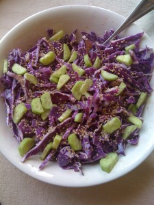 Crisp and delicious, cucumber, red cabbage, salad, veganaise dressing, gluten free